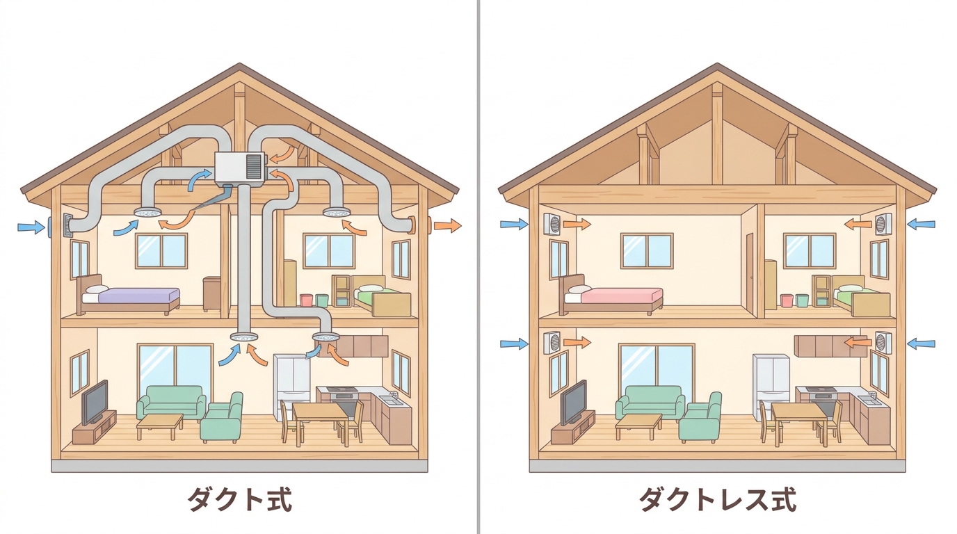 ダクト式(左)とダクトレス式(右)の換気システムの違いを示した住宅断面イラスト